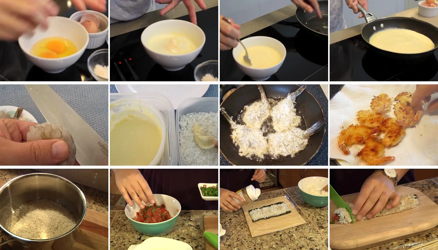 Consecutive steps of three YouCook2 videos: omelette, coconut shrimp, and sushi.